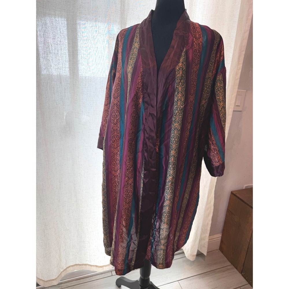Vintage Inner Most Satin Robe Large Burgundy Teal Gold Damask Stripe Kimono Wrap